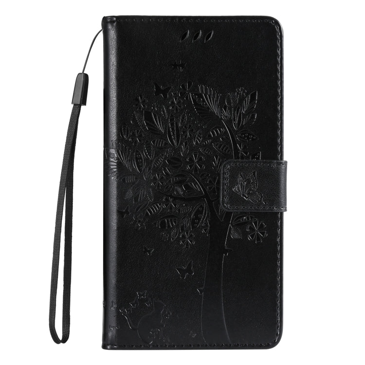 For iPhone 16e Tree & Cat Embossed Pattern Flip Leather Phone Case(Black) by buy2fix