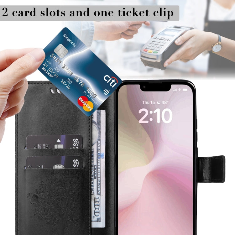 For iPhone 16e Tree & Cat Embossed Pattern Flip Leather Phone Case(Black) by buy2fix