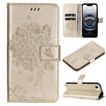 For iPhone 16e Tree & Cat Embossed Pattern Flip Leather Phone Case(Gold) by buy2fix
