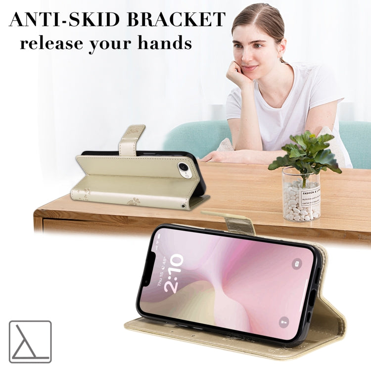 For iPhone 16e Tree & Cat Embossed Pattern Flip Leather Phone Case(Gold) by buy2fix