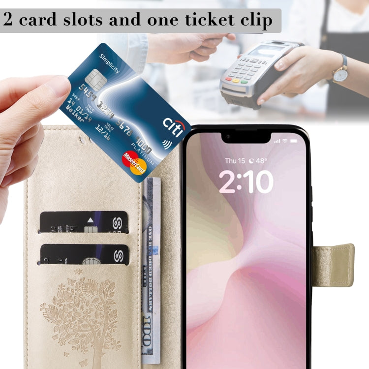 For iPhone 16e Tree & Cat Embossed Pattern Flip Leather Phone Case(Gold) by buy2fix