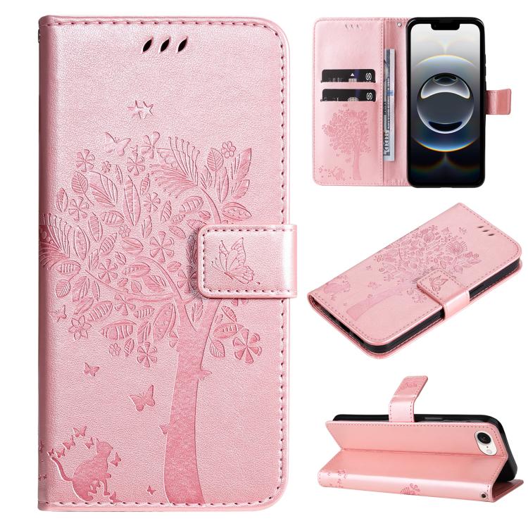 For iPhone 16e Tree & Cat Embossed Pattern Flip Leather Phone Case(Rose Gold) by buy2fix