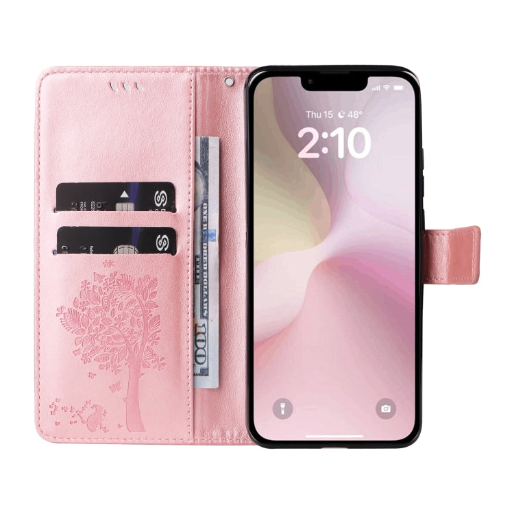For iPhone 16e Tree & Cat Embossed Pattern Flip Leather Phone Case(Rose Gold) by buy2fix