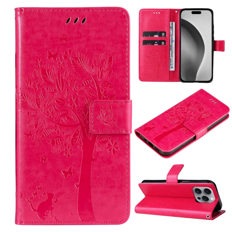 For iPhone 16 Pro Max Tree & Cat Embossed Pattern Flip Leather Phone Case(Rose Red) by buy2fix