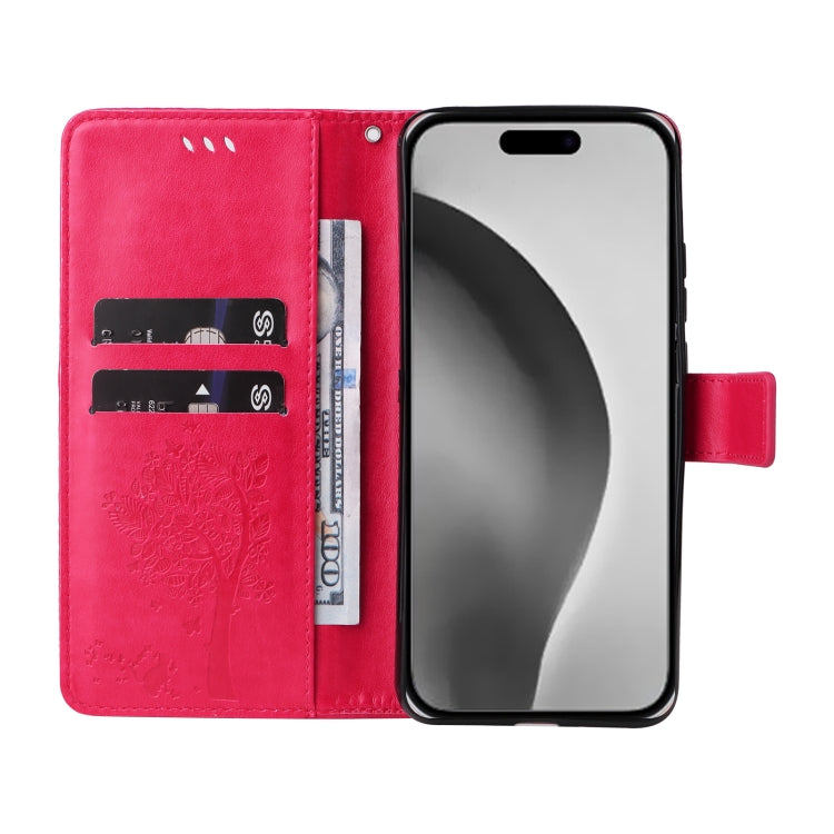 For iPhone 16 Pro Max Tree & Cat Embossed Pattern Flip Leather Phone Case(Rose Red) by buy2fix