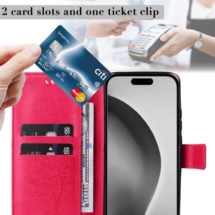 For iPhone 16 Pro Max Tree & Cat Embossed Pattern Flip Leather Phone Case(Rose Red) by buy2fix
