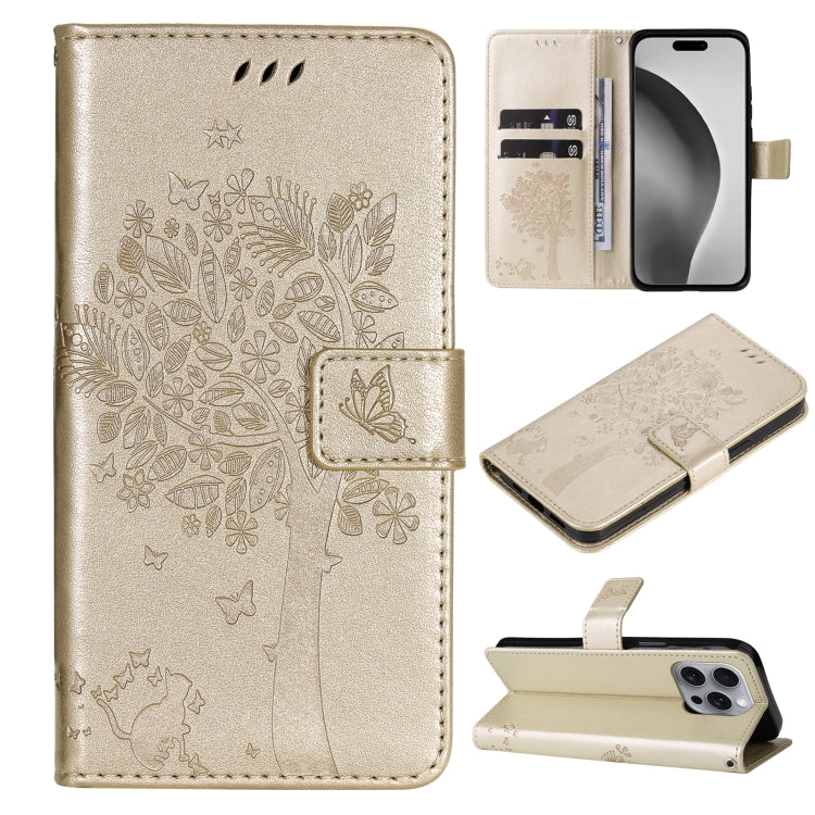 For iPhone 16 Pro Max Tree & Cat Embossed Pattern Flip Leather Phone Case(Gold) by buy2fix
