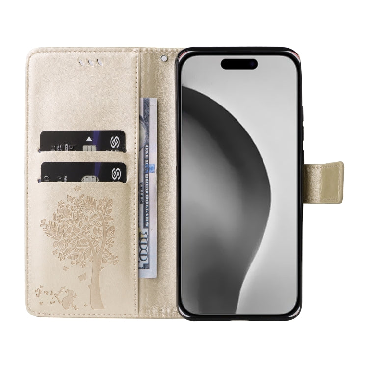 For iPhone 16 Pro Max Tree & Cat Embossed Pattern Flip Leather Phone Case(Gold) by buy2fix
