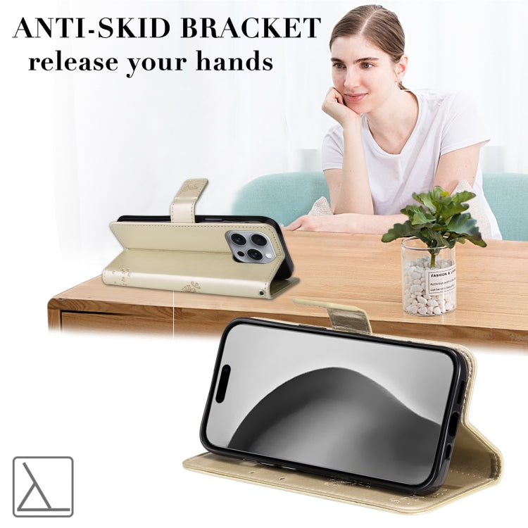 For iPhone 16 Pro Max Tree & Cat Embossed Pattern Flip Leather Phone Case(Gold) by buy2fix