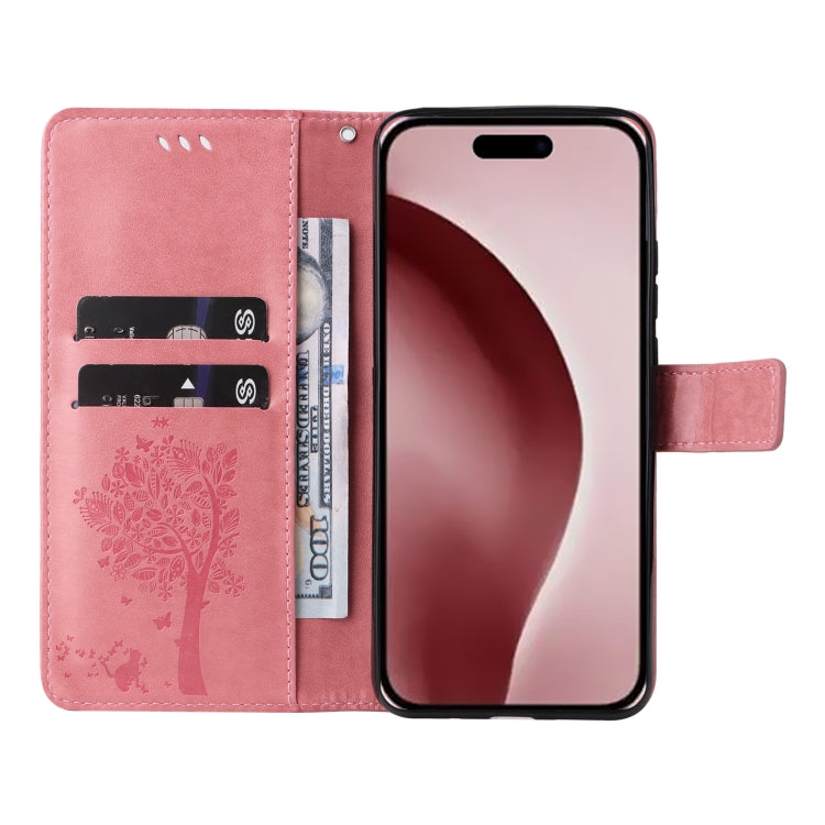 For iPhone 16 Pro Tree & Cat Embossed Pattern Flip Leather Phone Case(Pink) - iPhone 16 Pro Cases by buy2fix | Online Shopping UK | buy2fix