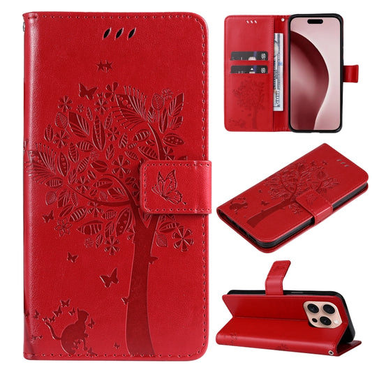 For iPhone 16 Pro Tree & Cat Embossed Pattern Flip Leather Phone Case(Red) by buy2fix