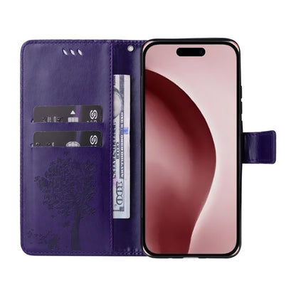 For iPhone 16 Pro Tree & Cat Embossed Pattern Flip Leather Phone Case(Purple) - iPhone 16 Pro Cases by buy2fix | Online Shopping UK | buy2fix