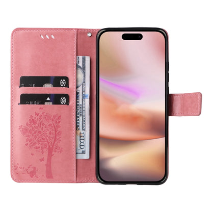 For iPhone 16 Plus Tree & Cat Embossed Pattern Flip Leather Phone Case(Pink) - iPhone 16 Plus Cases by buy2fix | Online Shopping UK | buy2fix