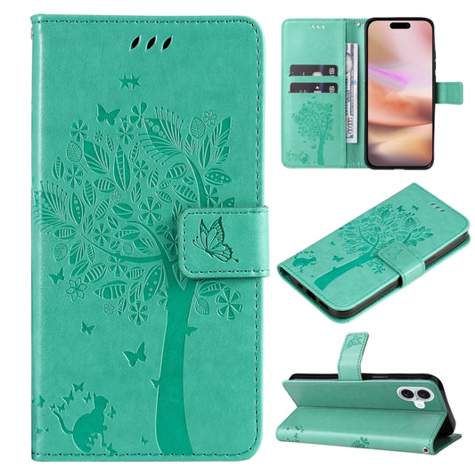 For iPhone 16 Plus Tree & Cat Embossed Pattern Flip Leather Phone Case(Green) - iPhone 16 Plus Cases by buy2fix | Online Shopping UK | buy2fix