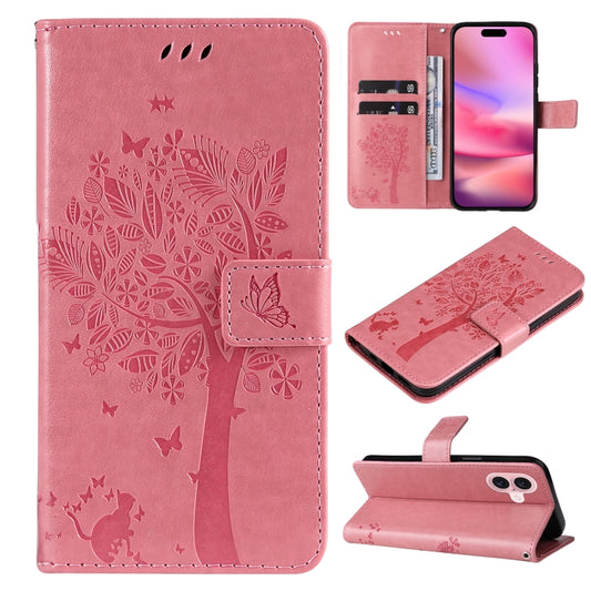 For iPhone 16 Tree & Cat Embossed Pattern Flip Leather Phone Case(Pink) by buy2fix
