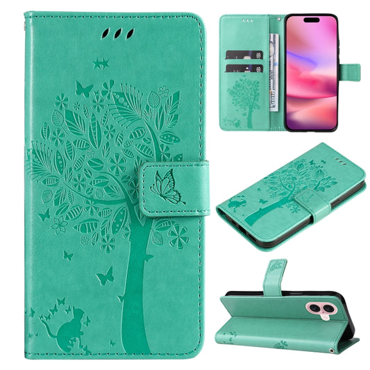 For iPhone 16 Tree & Cat Embossed Pattern Flip Leather Phone Case(Green) by buy2fix