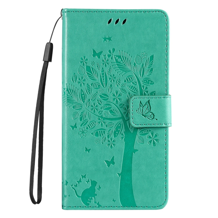 For iPhone 16 Tree & Cat Embossed Pattern Flip Leather Phone Case(Green) - iPhone 16 Cases by buy2fix | Online Shopping UK | buy2fix