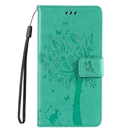 For iPhone 16 Tree & Cat Embossed Pattern Flip Leather Phone Case(Green) by buy2fix