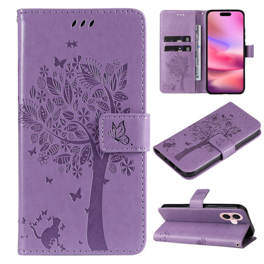 For iPhone 16 Tree & Cat Embossed Pattern Flip Leather Phone Case(Light Purple) by buy2fix