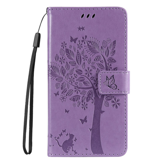For iPhone 16 Tree & Cat Embossed Pattern Flip Leather Phone Case(Light Purple) by buy2fix