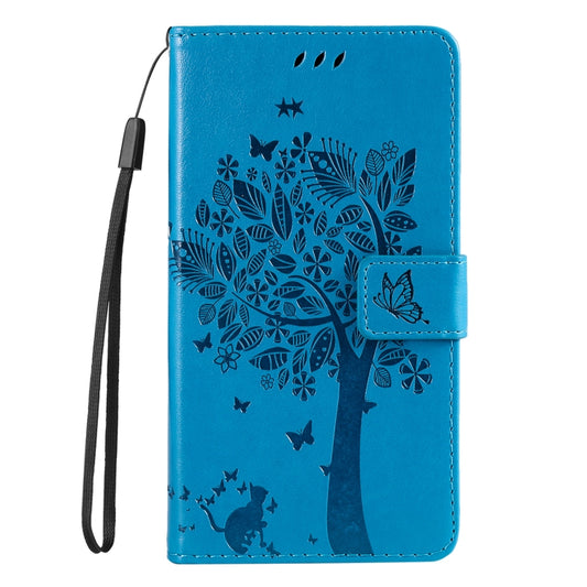 For iPhone 16 Tree & Cat Embossed Pattern Flip Leather Phone Case(Blue) by buy2fix