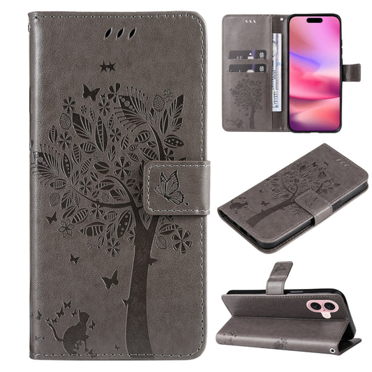 For iPhone 16 Tree & Cat Embossed Pattern Flip Leather Phone Case(Grey) by buy2fix