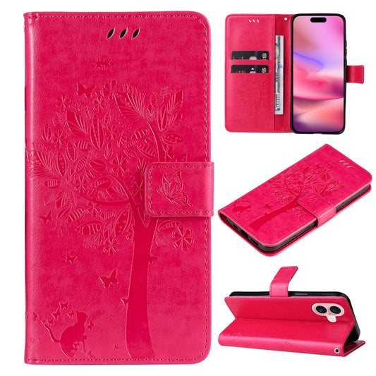 For iPhone 16 Tree & Cat Embossed Pattern Flip Leather Phone Case(Rose Red) by buy2fix