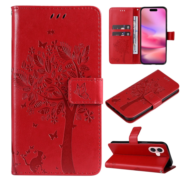 For iPhone 16 Tree & Cat Embossed Pattern Flip Leather Phone Case(Red) by buy2fix