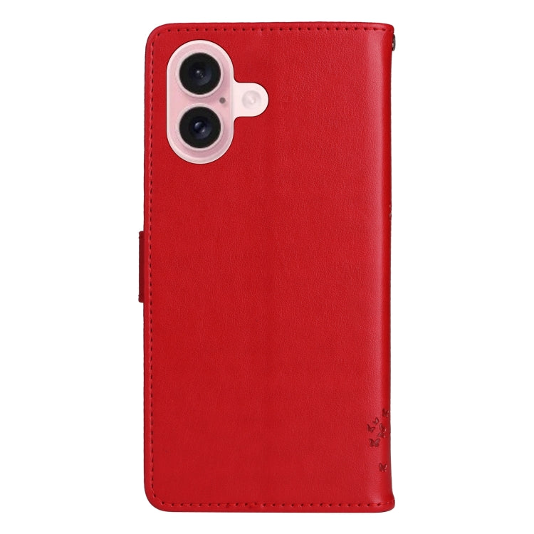 For iPhone 16 Tree & Cat Embossed Pattern Flip Leather Phone Case(Red) by buy2fix