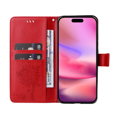 For iPhone 16 Tree & Cat Embossed Pattern Flip Leather Phone Case(Red) by buy2fix