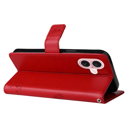 For iPhone 16 Tree & Cat Embossed Pattern Flip Leather Phone Case(Red) by buy2fix