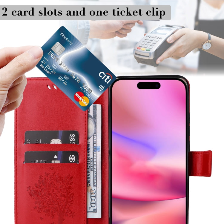 For iPhone 16 Tree & Cat Embossed Pattern Flip Leather Phone Case(Red) by buy2fix