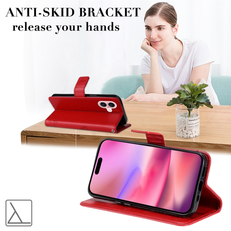 For iPhone 16 Tree & Cat Embossed Pattern Flip Leather Phone Case(Red) by buy2fix