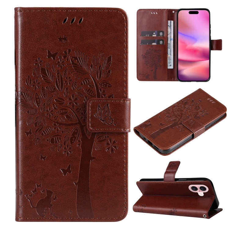 For iPhone 16 Tree & Cat Embossed Pattern Flip Leather Phone Case(Coffee) - iPhone 16 Cases by buy2fix | Online Shopping UK | buy2fix