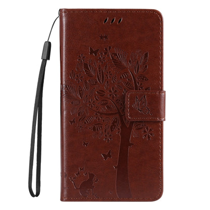 For iPhone 16 Tree & Cat Embossed Pattern Flip Leather Phone Case(Coffee) - iPhone 16 Cases by buy2fix | Online Shopping UK | buy2fix