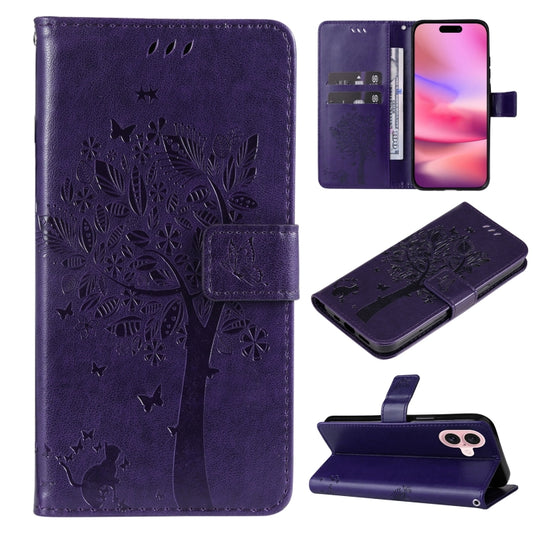 For iPhone 16 Tree & Cat Embossed Pattern Flip Leather Phone Case(Purple) by buy2fix