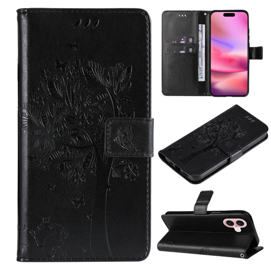 For iPhone 16 Tree & Cat Embossed Pattern Flip Leather Phone Case(Black) by buy2fix
