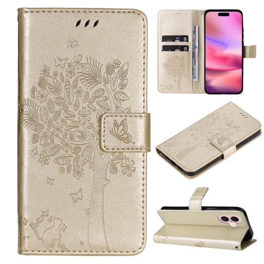 For iPhone 16 Tree & Cat Embossed Pattern Flip Leather Phone Case(Gold) by buy2fix