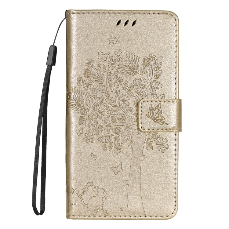 For iPhone 16 Tree & Cat Embossed Pattern Flip Leather Phone Case(Gold) - iPhone 16 Cases by buy2fix | Online Shopping UK | buy2fix