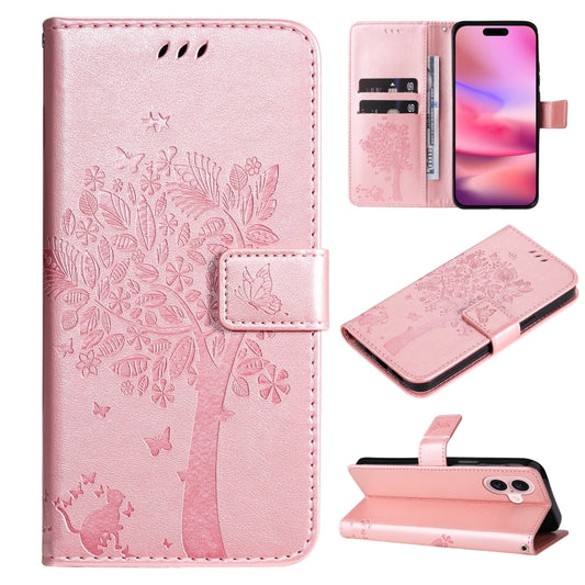 For iPhone 16 Tree & Cat Embossed Pattern Flip Leather Phone Case(Rose Gold) by buy2fix