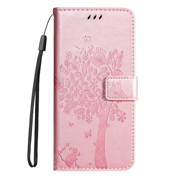 For iPhone 16 Tree & Cat Embossed Pattern Flip Leather Phone Case(Rose Gold) by buy2fix