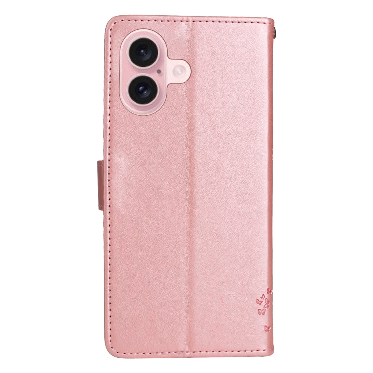 For iPhone 16 Tree & Cat Embossed Pattern Flip Leather Phone Case(Rose Gold) by buy2fix