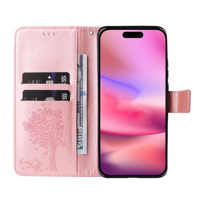 For iPhone 16 Tree & Cat Embossed Pattern Flip Leather Phone Case(Rose Gold) by buy2fix