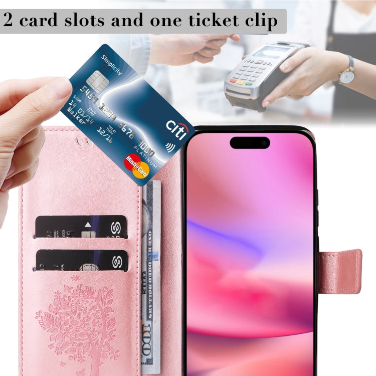 For iPhone 16 Tree & Cat Embossed Pattern Flip Leather Phone Case(Rose Gold) by buy2fix