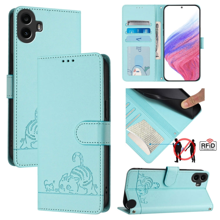 For Nothing CMF Phone 1 Cat Rat Embossed Pattern RFID Leather Phone Case with Lanyard(Mint Green) - Nothing Cases by buy2fix | Online Shopping UK | buy2fix