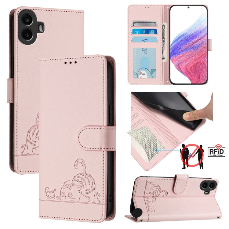 For Nothing CMF Phone 1 Cat Rat Embossed Pattern RFID Leather Phone Case with Lanyard(Pink) - More Brand by buy2fix | Online Shopping UK | buy2fix