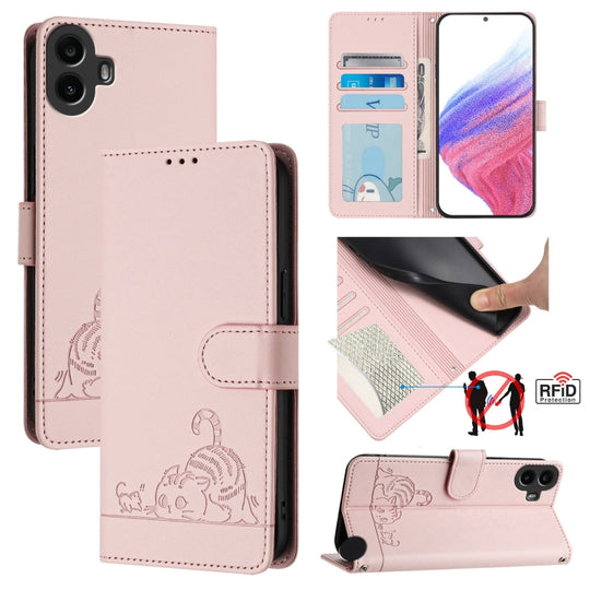 For Nothing CMF Phone 1 Cat Rat Embossed Pattern RFID Leather Phone Case with Lanyard(Pink)