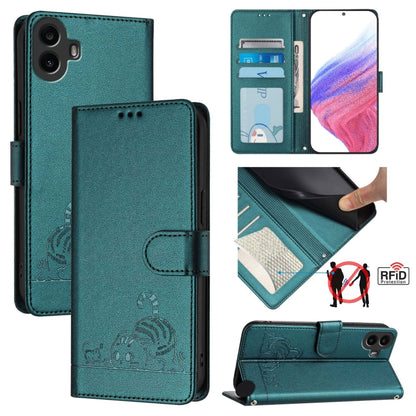 For Nothing CMF Phone 1 Cat Rat Embossed Pattern RFID Leather Phone Case with Lanyard(Peacock Green) - Nothing Cases by buy2fix | Online Shopping UK | buy2fix