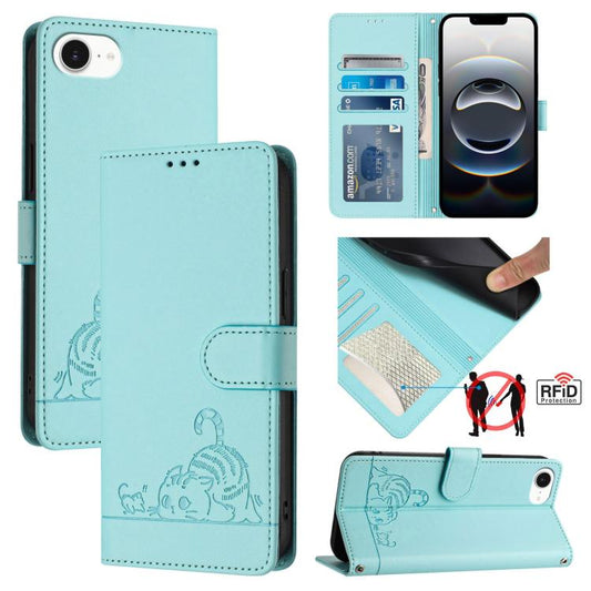 For iPhone SE 2024 Cat Rat Embossed Pattern RFID Leather Phone Case with Lanyard(Mint Green) by buy2fix