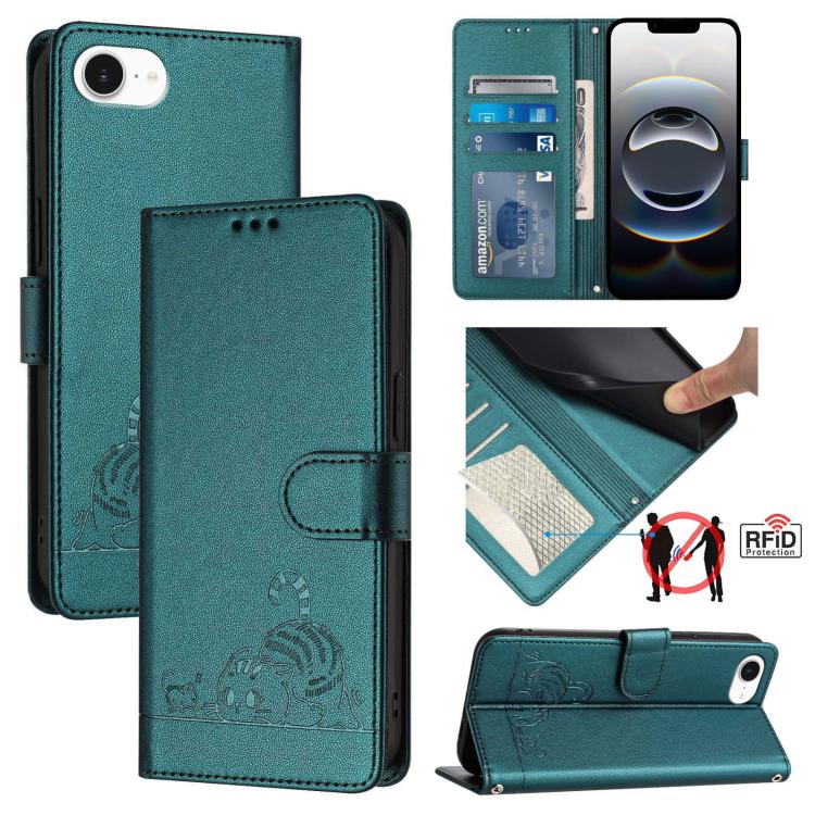 For iPhone SE 2024 Cat Rat Embossed Pattern RFID Leather Phone Case with Lanyard(Peacock Green) by buy2fix